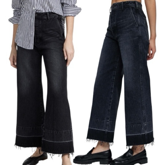 Moussy Denim - Moussy Vintage Elba Center Press Black Wide Leg Crop Designer Denim Jeans 30